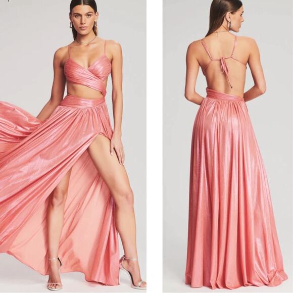Retrofete Aglaia Cutout Ruched Metallic Lame Calypso Coral Maxi Dress Size Small - Picture 1 of 11